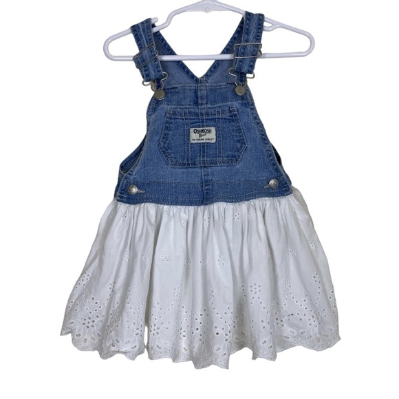 Oshkosh B'gosh Tiered Bib Style Overall Dress Denim and Eyelet Blue White 18 mo - Picture 1 of 14